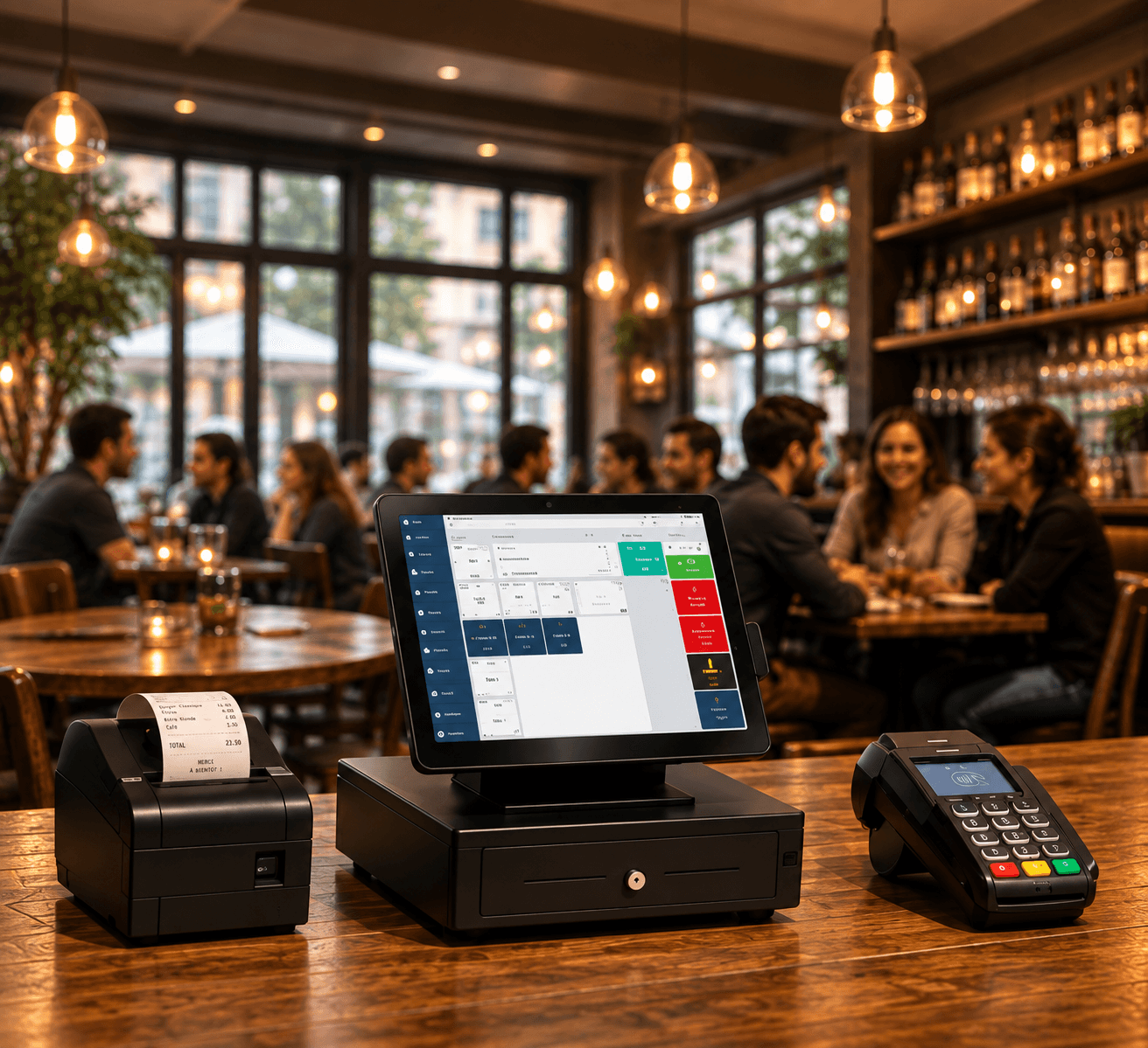 Commerçant utilisant une caisse enregistreuse tactile